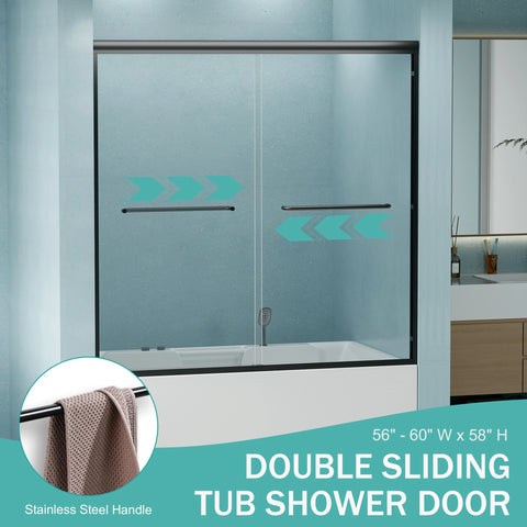 AISU 56"-60" B x 58" H Doppel-Schiebetür für Badewanne und Dusche, halbrahmenlose Bypass-Badewannentür, 1/4" (6 mm) gehärtetes Glas mit explosionsgeschützter Folie, verstellbarer Rahmen aus Aluminiumlegierung, Mattschwarz