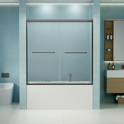 AISU 56"-60" B x 58" H Doppel-Schiebetür für Badewanne und Dusche, halbrahmenlose Bypass-Badewannentür, 1/4" (6 mm) gehärtetes Glas mit explosionsgeschützter Folie, verstellbarer Rahmen aus Aluminiumlegierung, Mattschwarz