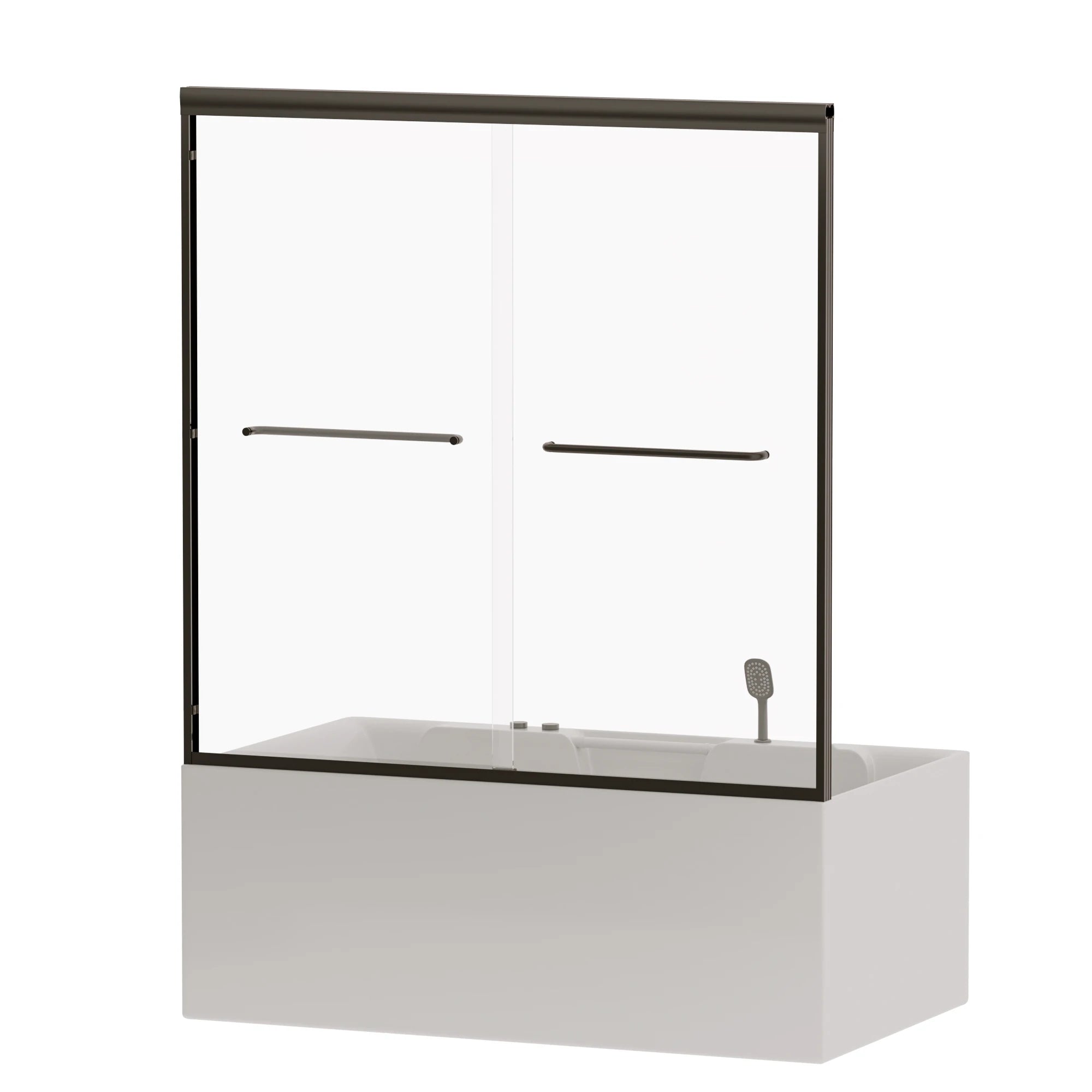 AISU 56"-60" B x 58" H Doppel-Schiebetür für Badewanne und Dusche, halbrahmenlose Bypass-Badewannentür, 1/4" (6 mm) gehärtetes Glas mit explosionsgeschützter Folie, verstellbarer Rahmen aus Aluminiumlegierung, Mattschwarz