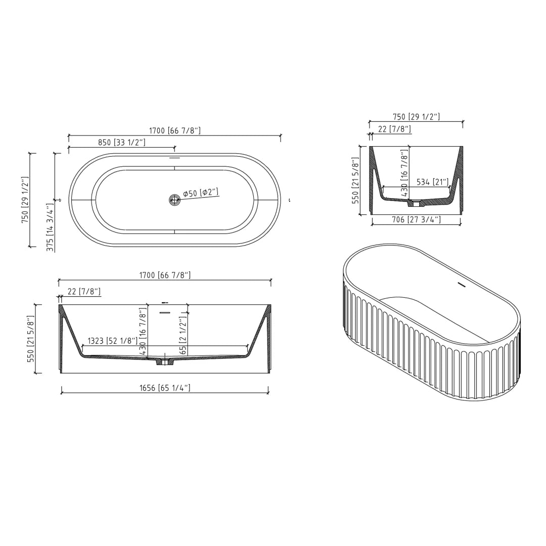 AISU 67" freistehende Badewanne aus massivem Material, luxuriöse freistehende Badewanne aus Kunststeinharz mit Überlauf und Pop-up-Abfluss, cUPC-zertifiziert, Mattweiß