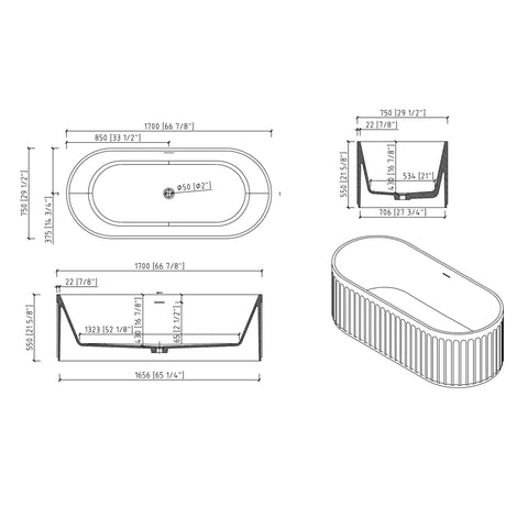AISU 67" freistehende Badewanne aus massivem Material, luxuriöse freistehende Badewanne aus Kunststeinharz mit Überlauf und Pop-up-Abfluss, cUPC-zertifiziert, Mattweiß