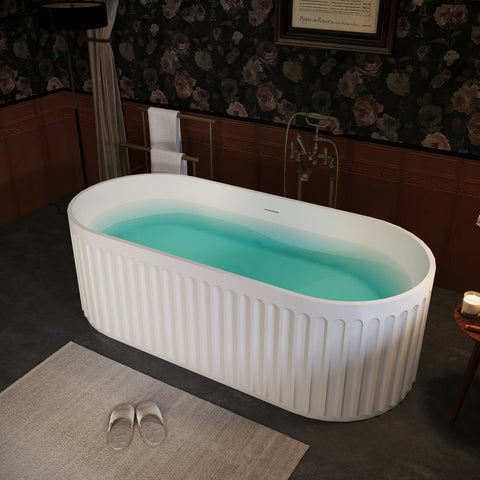 AISU 67" freistehende Badewanne aus massivem Material, luxuriöse freistehende Badewanne aus Kunststeinharz mit Überlauf und Pop-up-Abfluss, cUPC-zertifiziert, Mattweiß