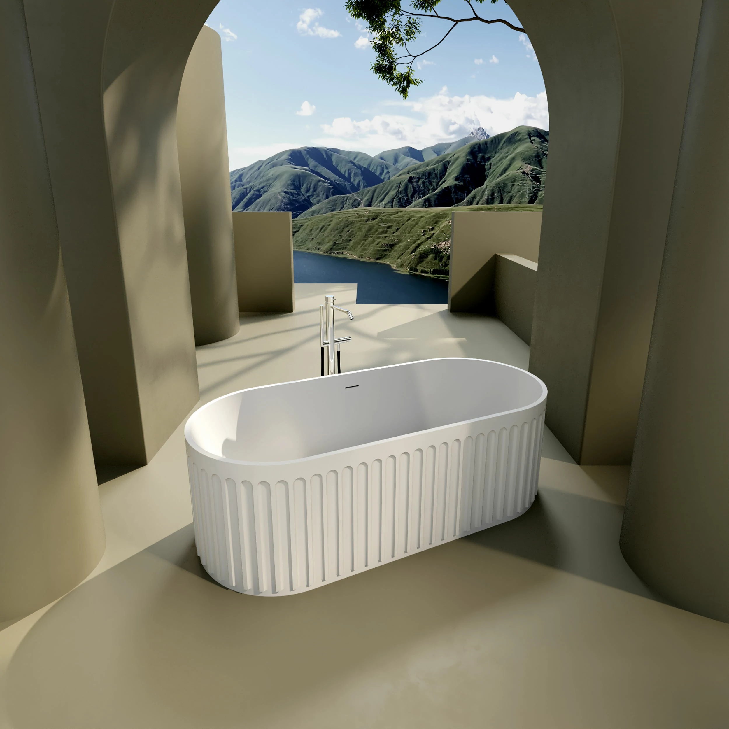 AISU 67" freistehende Badewanne aus massivem Material, luxuriöse freistehende Badewanne aus Kunststeinharz mit Überlauf und Pop-up-Abfluss, cUPC-zertifiziert, Mattweiß