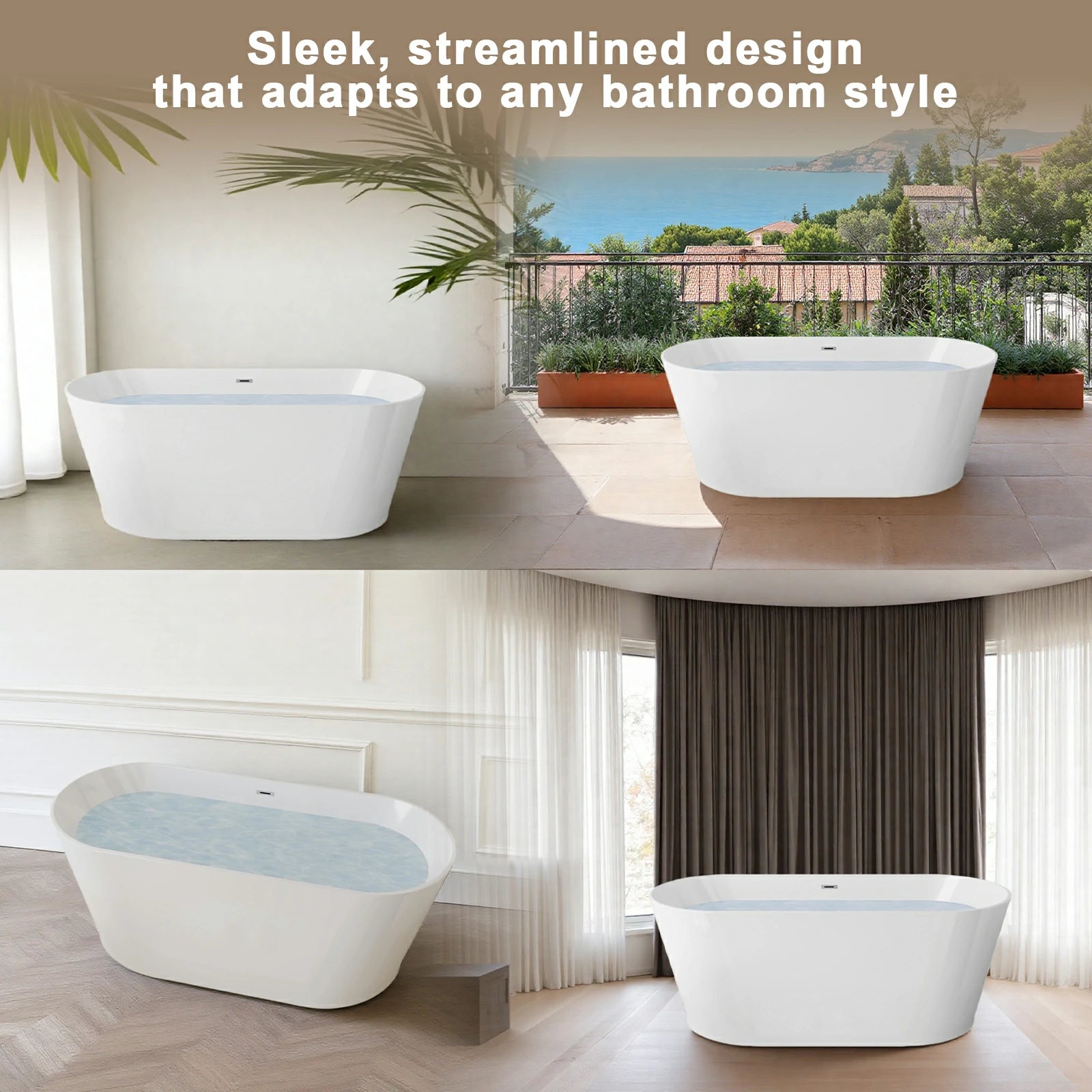 AISU Freistehende Badewanne aus Acryl, freistehende Badewanne, glänzend weißes Acryl, Zehenabfluss aus Chrom, cUPC-zertifiziert