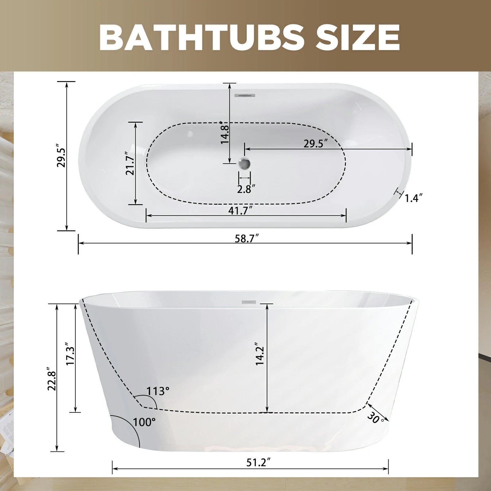AISU Freistehende Badewanne aus Acryl, freistehende Badewanne, glänzend weißes Acryl, Zehenabfluss aus Chrom, cUPC-zertifiziert