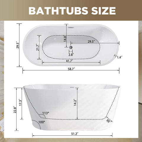 AISU Freistehende Badewanne aus Acryl, freistehende Badewanne, glänzend weißes Acryl, Zehenabfluss aus Chrom, cUPC-zertifiziert