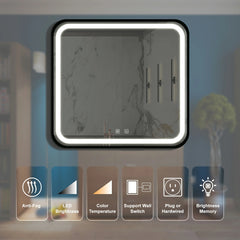 Miroir de salle de bain LED 32 x 32 pouces avec antibuée, intensité variable, CCT réglable, étanchéité IP54