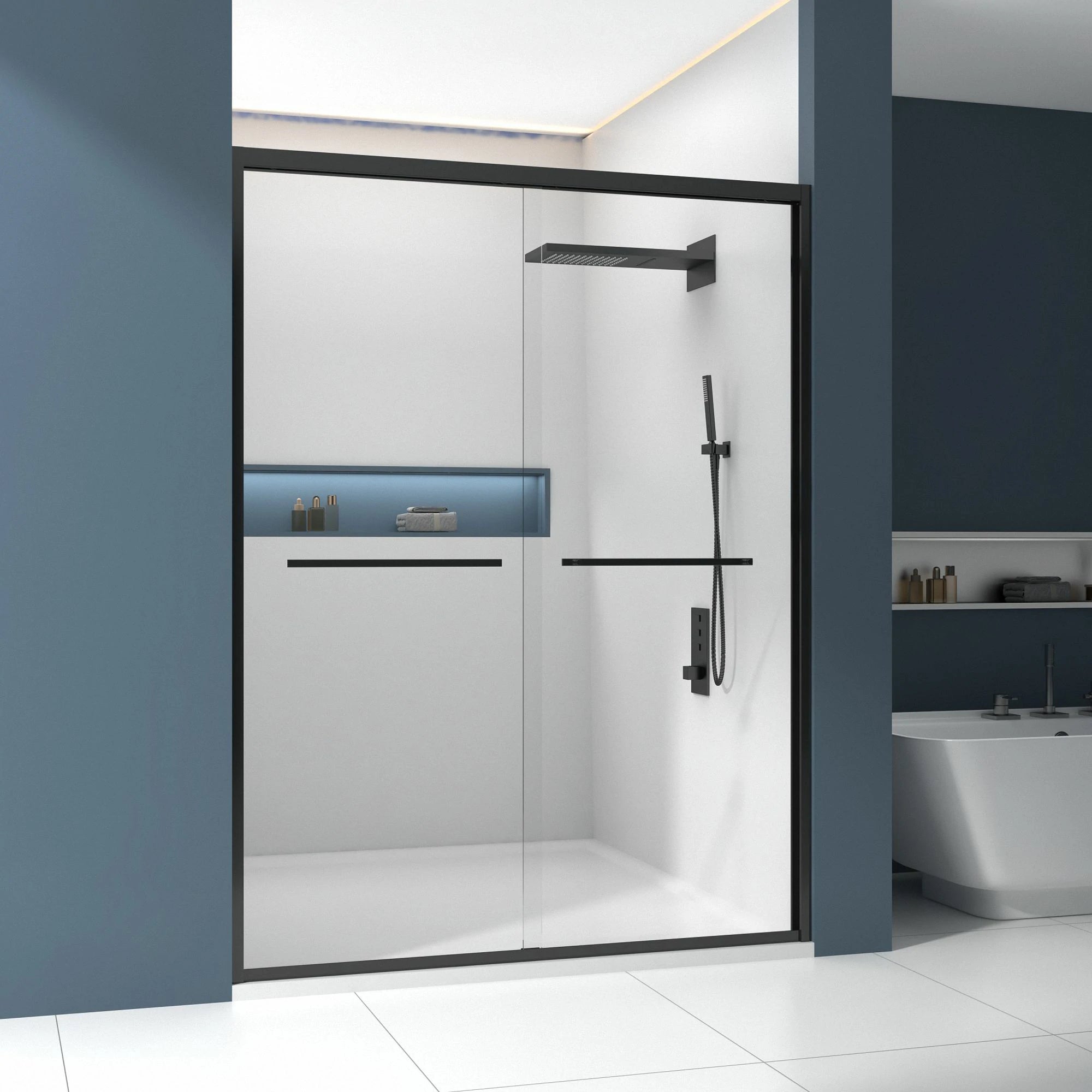 Porte de douche coulissante double avec cadre en aluminium 56-60"x70", porte coulissante de salle de bain avec verre trempé transparent de qualité supérieure de 8 mm (5/16"), finition noir mat