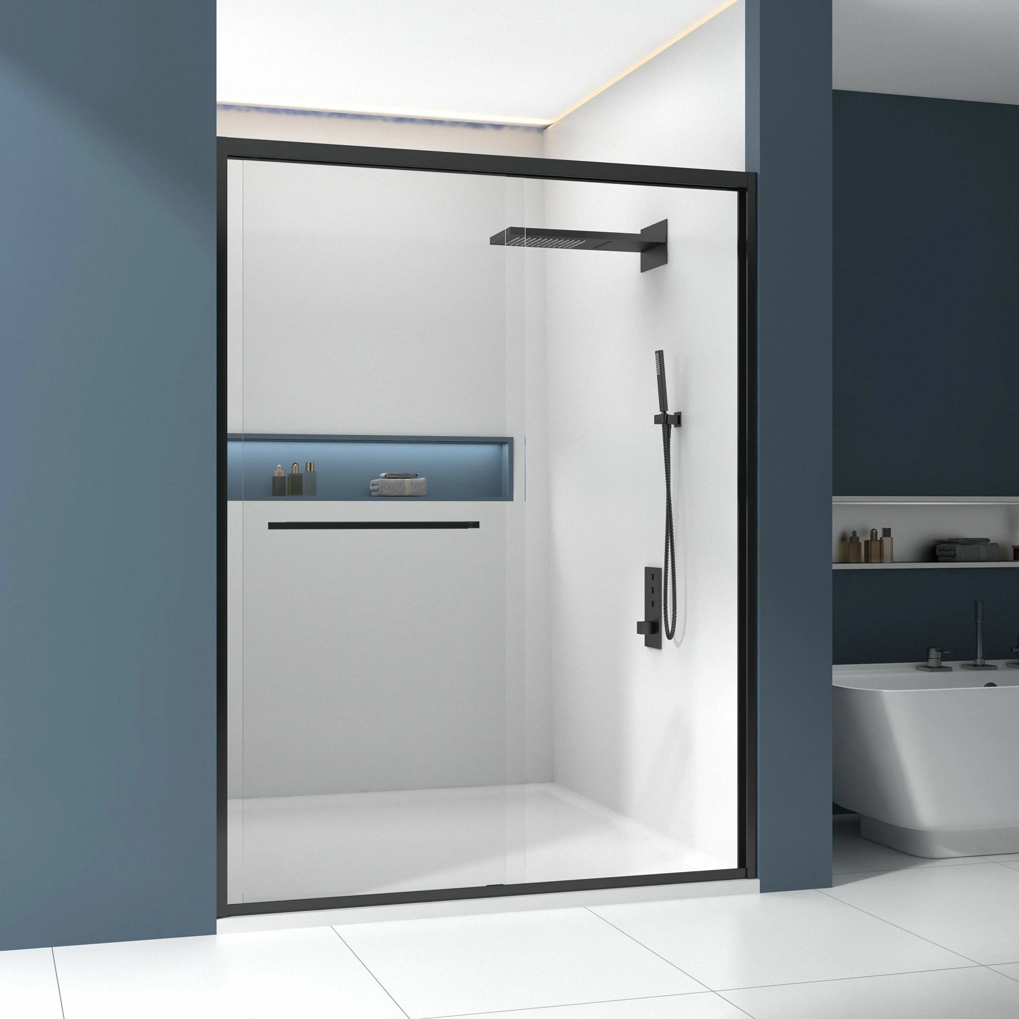 Porte de douche coulissante double avec cadre en aluminium 56-60"x70", porte coulissante de salle de bain avec verre trempé transparent de qualité supérieure de 8 mm (5/16"), finition noir mat