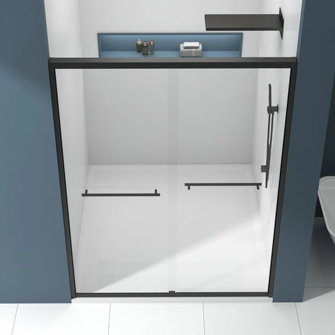 Porte de douche coulissante double avec cadre en aluminium 56-60"x70", porte coulissante de salle de bain avec verre trempé transparent de qualité supérieure de 8 mm (5/16"), finition noir mat