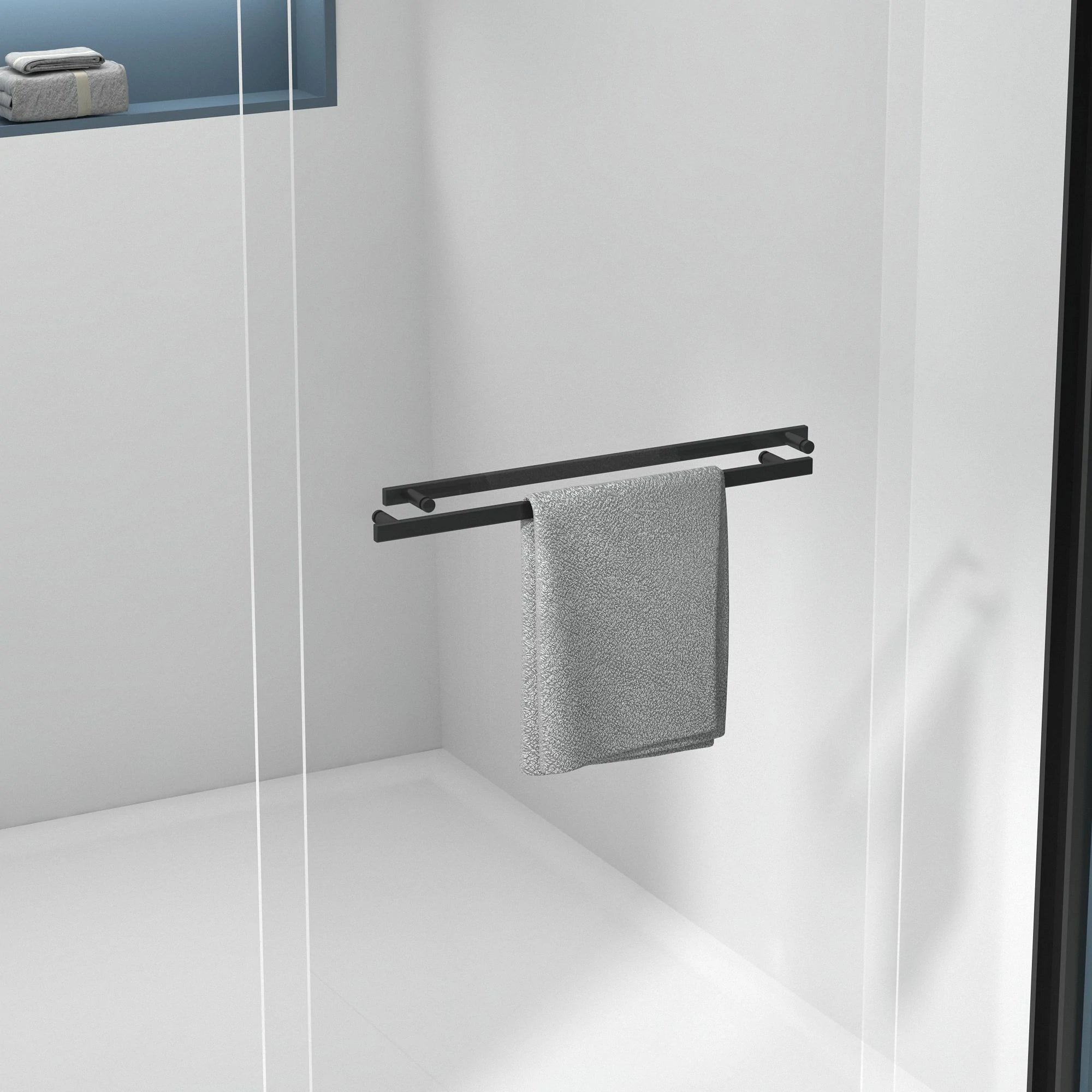 Porte de douche coulissante double avec cadre en aluminium 56-60"x70", porte coulissante de salle de bain avec verre trempé transparent de qualité supérieure de 8 mm (5/16"), finition noir mat