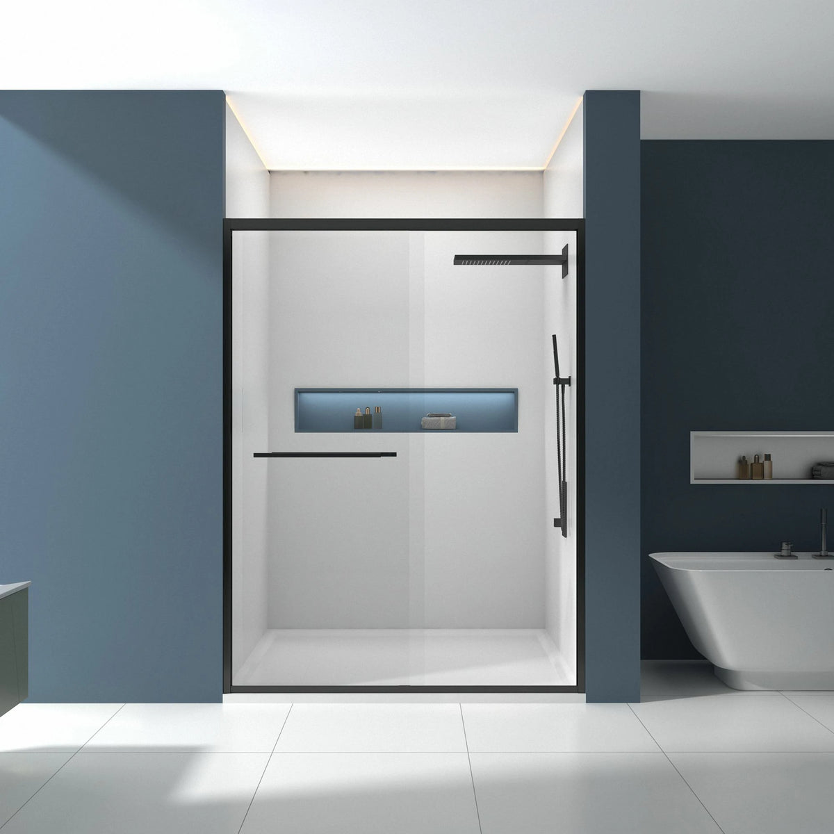 Porte de douche coulissante double avec cadre en aluminium 56-60"x70", porte coulissante de salle de bain avec verre trempé transparent de qualité supérieure de 8 mm (5/16"), finition noir mat