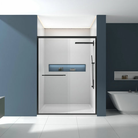 Porte de douche coulissante double avec cadre en aluminium 56-60"x70", porte coulissante de salle de bain avec verre trempé transparent de qualité supérieure de 8 mm (5/16"), finition noir mat