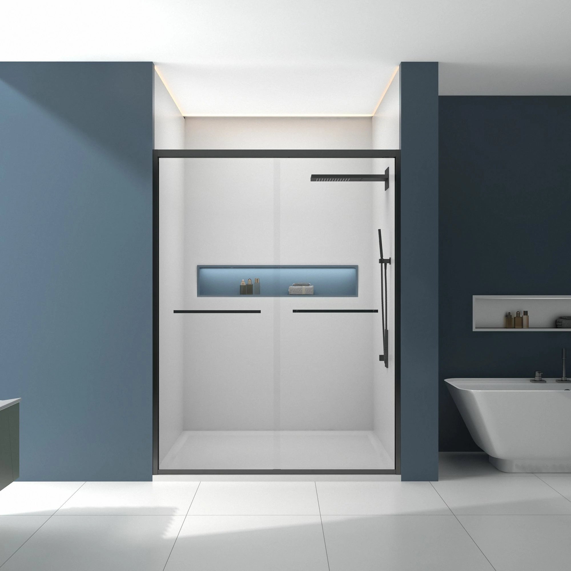 Porte de douche coulissante double avec cadre en aluminium 56-60"x70", porte coulissante de salle de bain avec verre trempé transparent de qualité supérieure de 8 mm (5/16"), finition noir mat