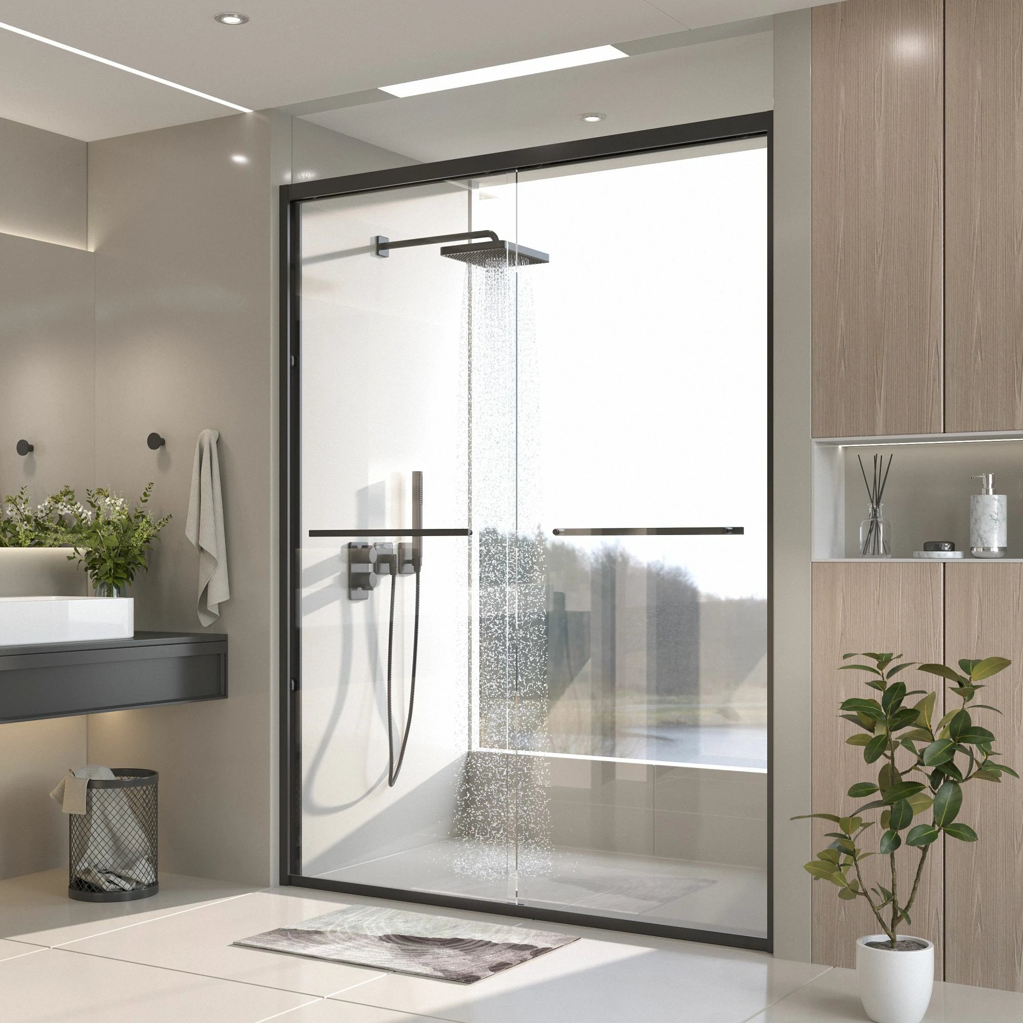 Porte de douche coulissante double avec cadre en aluminium 56-60"x70", porte coulissante de salle de bain avec verre trempé transparent de qualité supérieure de 8 mm (5/16"), finition noir mat
