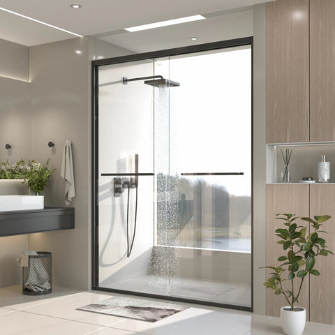 Porte de douche coulissante double avec cadre en aluminium 56-60"x70", porte coulissante de salle de bain avec verre trempé transparent de qualité supérieure de 8 mm (5/16"), finition noir mat