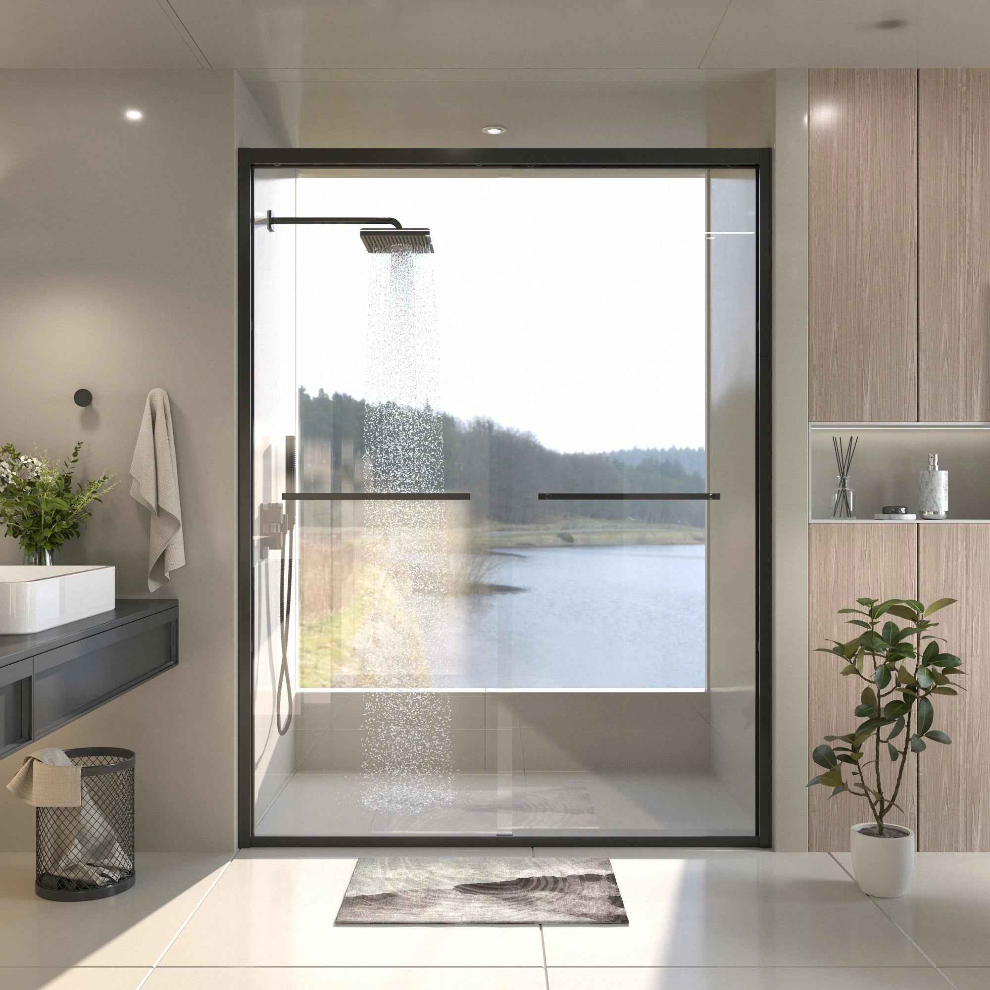 Porte de douche coulissante double avec cadre en aluminium 56-60"x70", porte coulissante de salle de bain avec verre trempé transparent de qualité supérieure de 8 mm (5/16"), finition noir mat