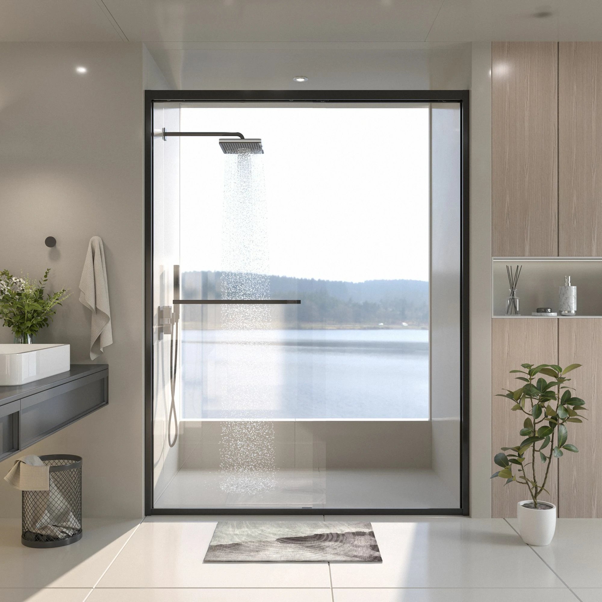 Porte de douche coulissante double avec cadre en aluminium 56-60"x70", porte coulissante de salle de bain avec verre trempé transparent de qualité supérieure de 8 mm (5/16"), finition noir mat