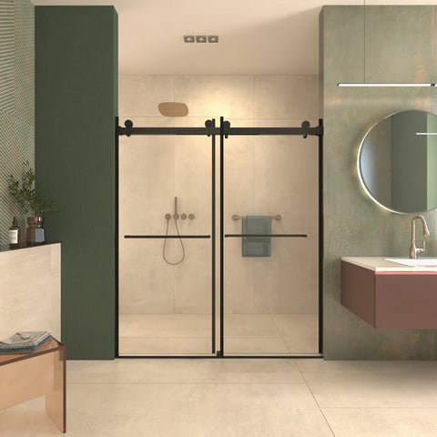 Porte de douche coulissante double sans cadre (56 à 60 po l x 76 po H), verre trempé transparent de 10 mm (3/8 po) avec rail carré, revêtement double face facile à nettoyer, finition noir mat avec tampon 