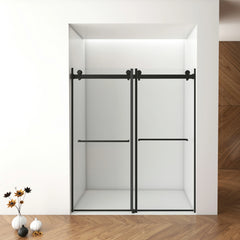 56"-60" B x 76" H rahmenlose doppelte Schiebetür für Dusche, 3/8" (10 mm) klares gehärtetes Glas mit quadratischer Schiene, beidseitig leicht zu reinigende Beschichtung, mattschwarze Oberfläche mit Puffer 