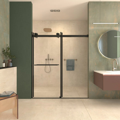 Porte de douche coulissante double sans cadre (56 à 60 po l x 76 po H), verre trempé transparent de 10 mm (3/8 po) avec rail carré, revêtement double face facile à nettoyer, finition noir mat avec tampon 