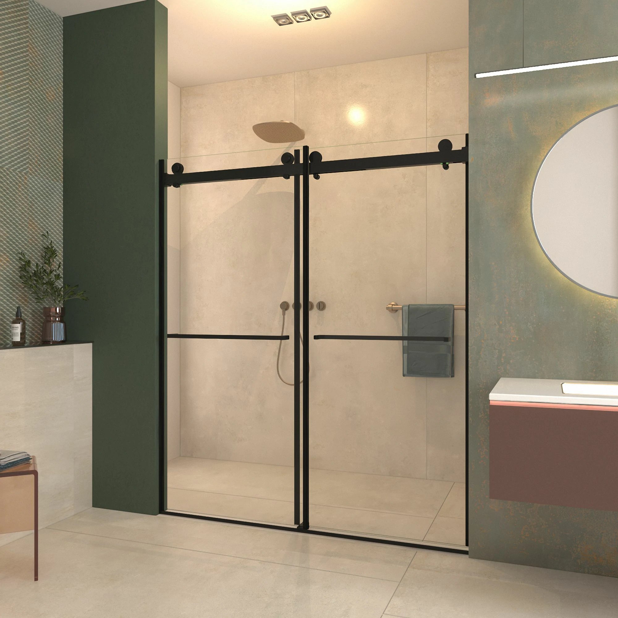 Porte de douche coulissante double sans cadre (56 à 60 po l x 76 po H), verre trempé transparent de 10 mm (3/8 po) avec rail carré, revêtement double face facile à nettoyer, finition noir mat avec tampon 