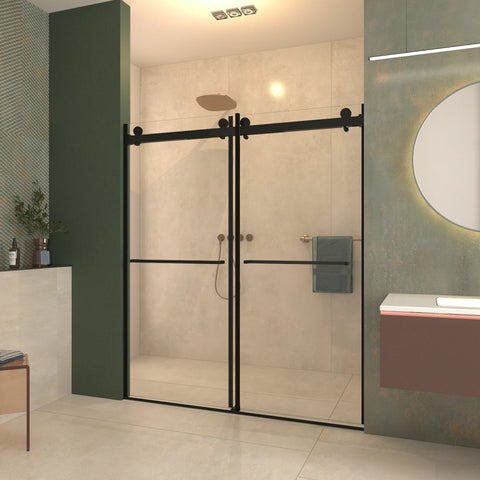 Porte de douche coulissante double sans cadre (56 à 60 po l x 76 po H), verre trempé transparent de 10 mm (3/8 po) avec rail carré, revêtement double face facile à nettoyer, finition noir mat avec tampon 