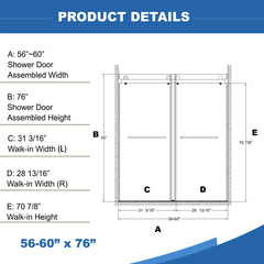 56"-60" B x 76" H rahmenlose doppelte Schiebetür für Dusche, 3/8" (10 mm) klares gehärtetes Glas mit quadratischer Schiene, beidseitig leicht zu reinigende Beschichtung, mattschwarze Oberfläche mit Puffer 