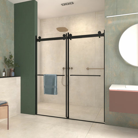 Porte de douche coulissante double sans cadre (56 à 60 po l x 76 po H), verre trempé transparent de 10 mm (3/8 po) avec rail carré, revêtement double face facile à nettoyer, finition noir mat avec tampon 
