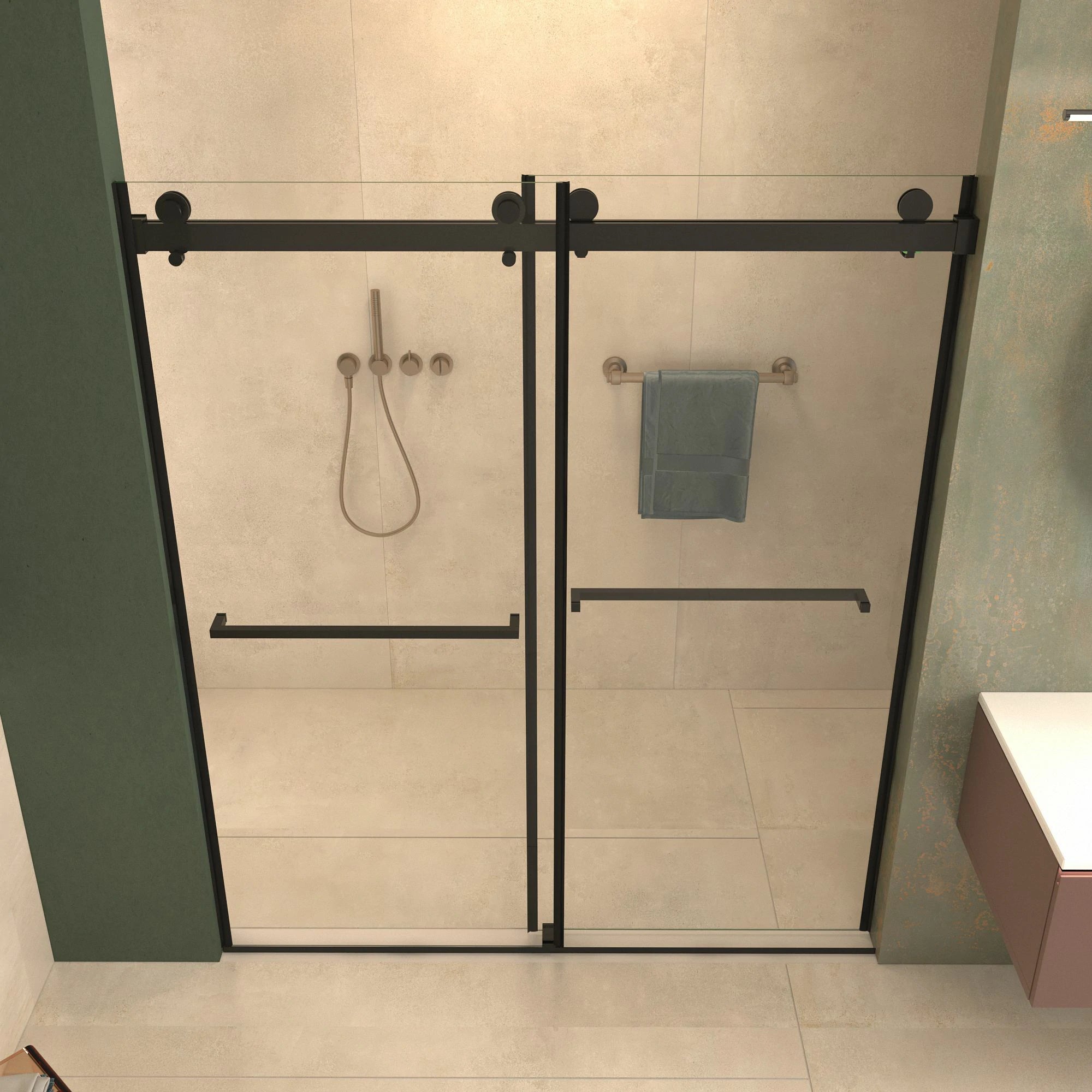 Porte de douche coulissante double sans cadre (56 à 60 po l x 76 po H), verre trempé transparent de 10 mm (3/8 po) avec rail carré, revêtement double face facile à nettoyer, finition noir mat avec tampon 