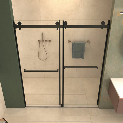 Porte de douche coulissante double sans cadre (56 à 60 po l x 76 po H), verre trempé transparent de 10 mm (3/8 po) avec rail carré, revêtement double face facile à nettoyer, finition noir mat avec tampon 