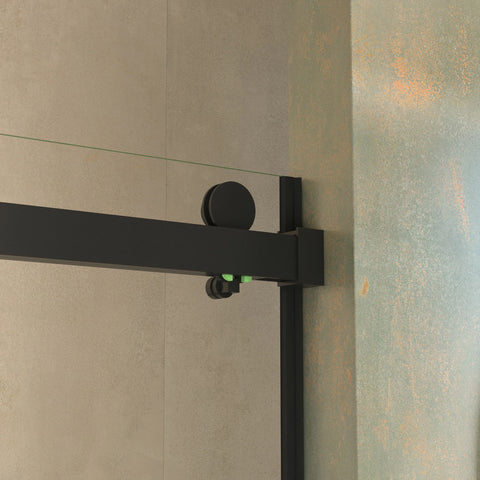 Porte de douche coulissante double sans cadre (56 à 60 po l x 76 po H), verre trempé transparent de 10 mm (3/8 po) avec rail carré, revêtement double face facile à nettoyer, finition noir mat avec tampon 
