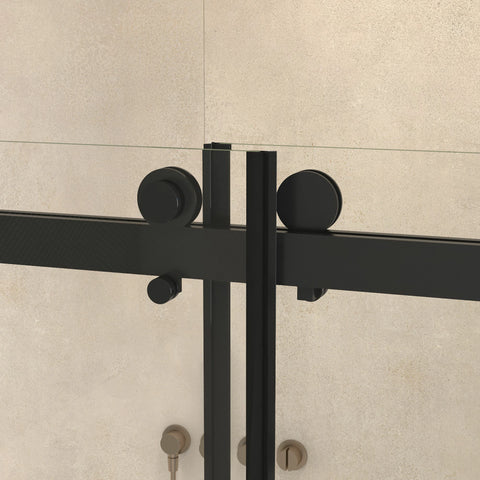 Porte de douche coulissante double sans cadre (56 à 60 po l x 76 po H), verre trempé transparent de 10 mm (3/8 po) avec rail carré, revêtement double face facile à nettoyer, finition noir mat avec tampon 