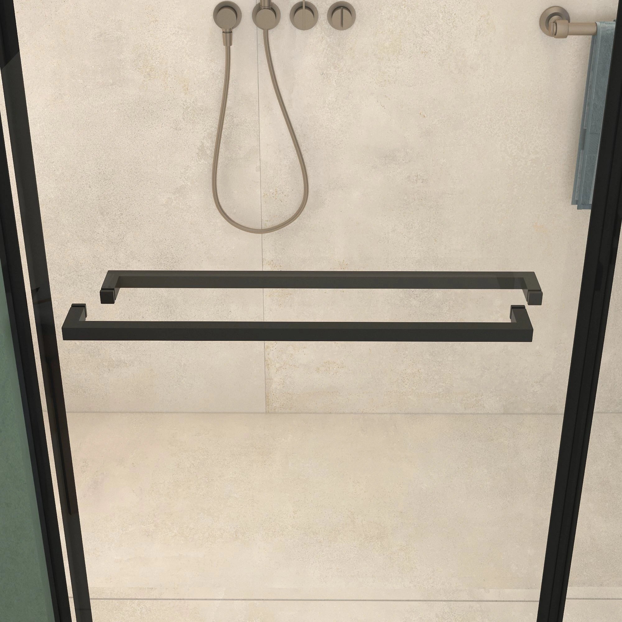 Porte de douche coulissante double sans cadre (56 à 60 po l x 76 po H), verre trempé transparent de 10 mm (3/8 po) avec rail carré, revêtement double face facile à nettoyer, finition noir mat avec tampon 