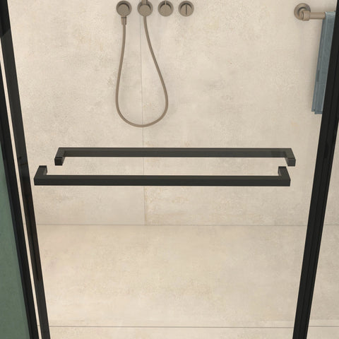 Porte de douche coulissante double sans cadre (56 à 60 po l x 76 po H), verre trempé transparent de 10 mm (3/8 po) avec rail carré, revêtement double face facile à nettoyer, finition noir mat avec tampon 