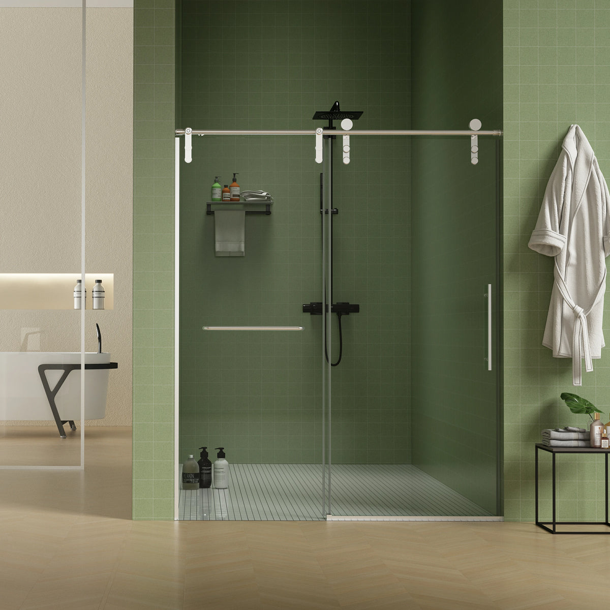 Porte de douche coulissante sans cadre (56 à 60 po l x 76 po H), verre trempé de qualité supérieure de 8 mm d'épaisseur, finition nickel brossé avec tampon