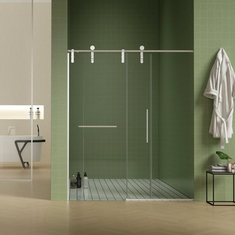 Porte de douche coulissante sans cadre (56 à 60 po l x 76 po H), verre trempé de qualité supérieure de 8 mm d'épaisseur, finition nickel brossé avec tampon