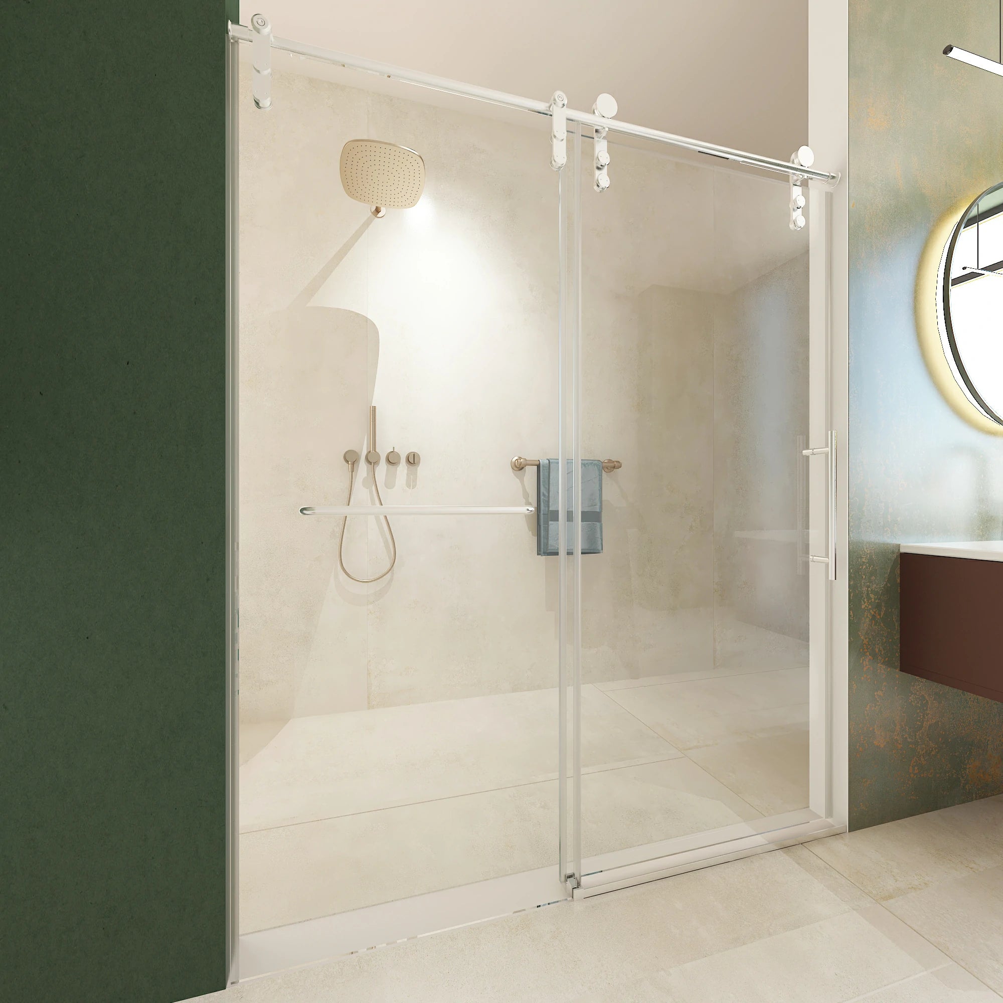 Porte de douche coulissante sans cadre (56 à 60 po l x 76 po H), verre trempé de qualité supérieure de 8 mm d'épaisseur, finition nickel brossé avec tampon