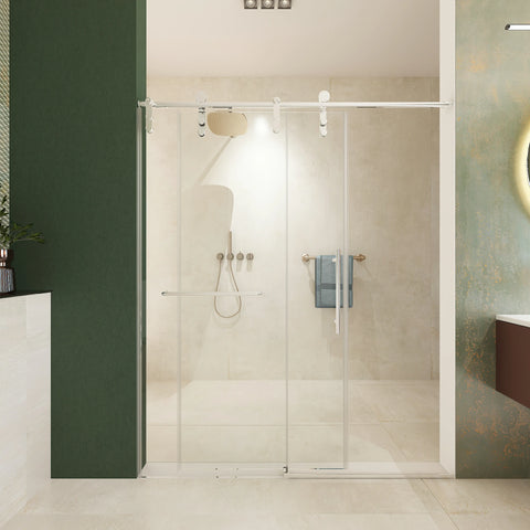 Porte de douche coulissante sans cadre (56 à 60 po l x 76 po H), verre trempé de qualité supérieure de 8 mm d'épaisseur, finition nickel brossé avec tampon