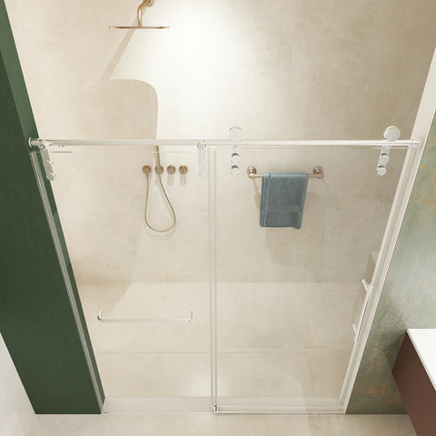 Porte de douche coulissante sans cadre (56 à 60 po l x 76 po H), verre trempé de qualité supérieure de 8 mm d'épaisseur, finition nickel brossé avec tampon