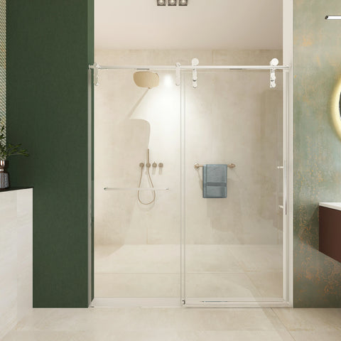 Porte de douche coulissante sans cadre (56 à 60 po l x 76 po H), verre trempé de qualité supérieure de 8 mm d'épaisseur, finition nickel brossé avec tampon