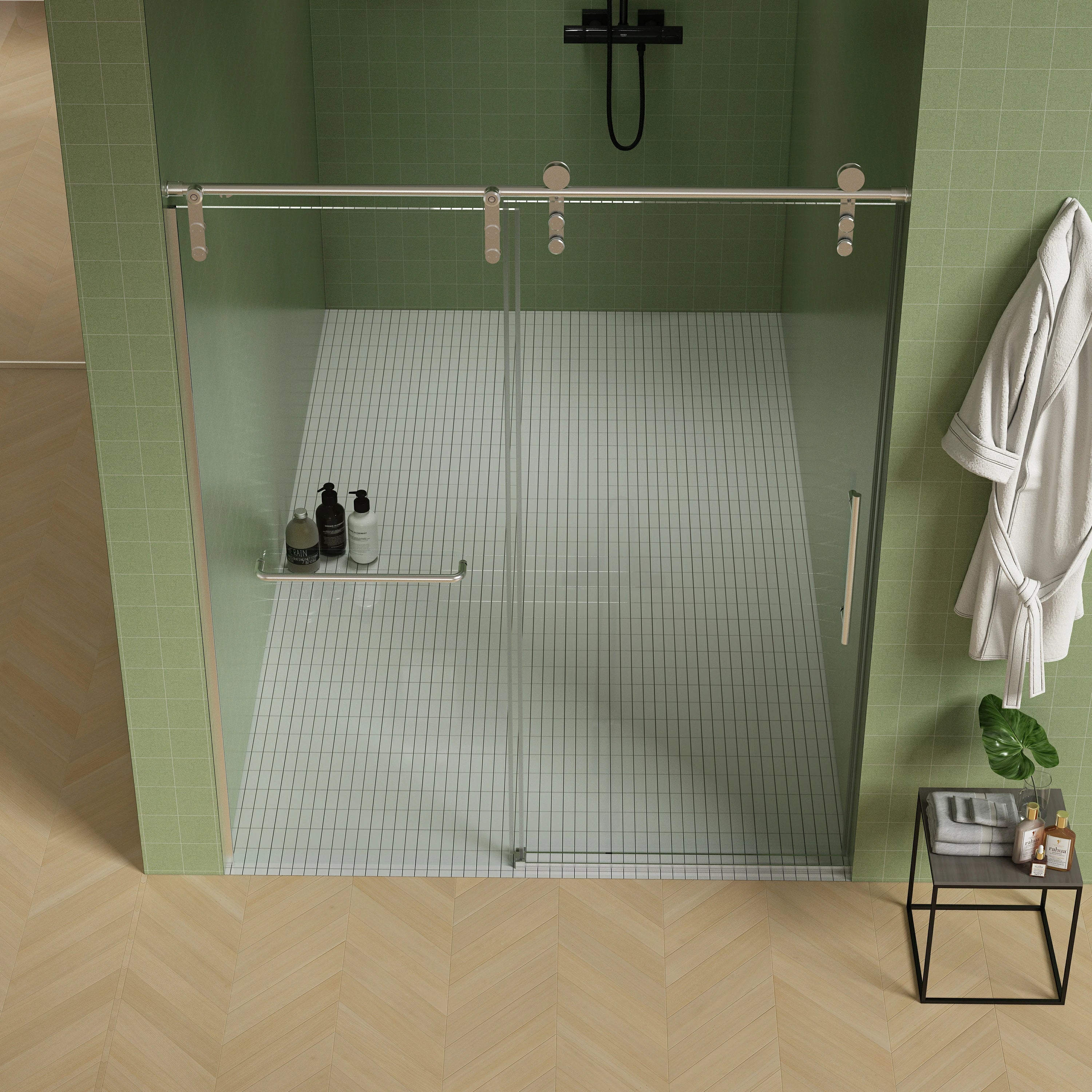 Porte de douche coulissante sans cadre (56 à 60 po l x 76 po H), verre trempé de qualité supérieure de 8 mm d'épaisseur, finition nickel brossé avec tampon