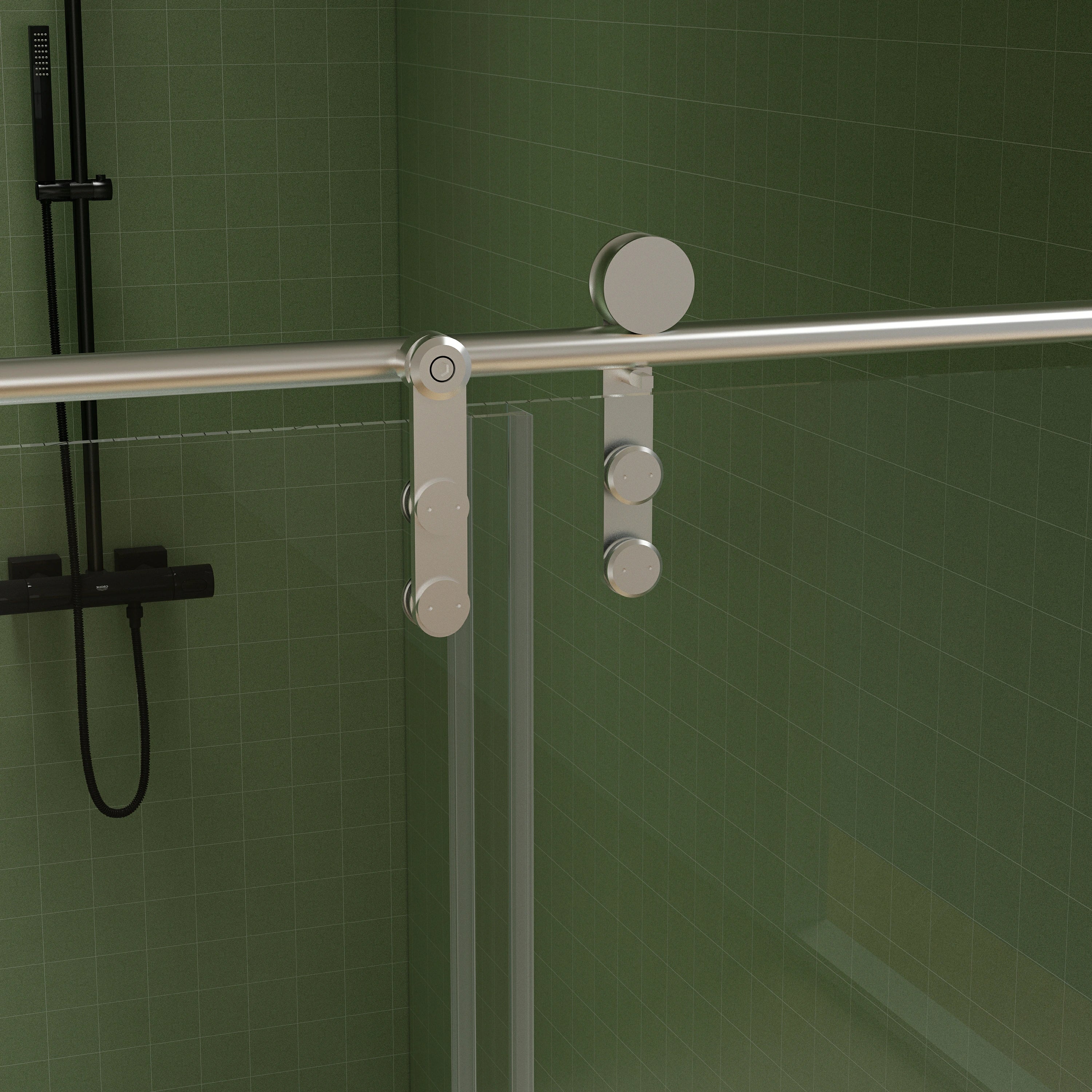 Porte de douche coulissante sans cadre (56 à 60 po l x 76 po H), verre trempé de qualité supérieure de 8 mm d'épaisseur, finition nickel brossé avec tampon