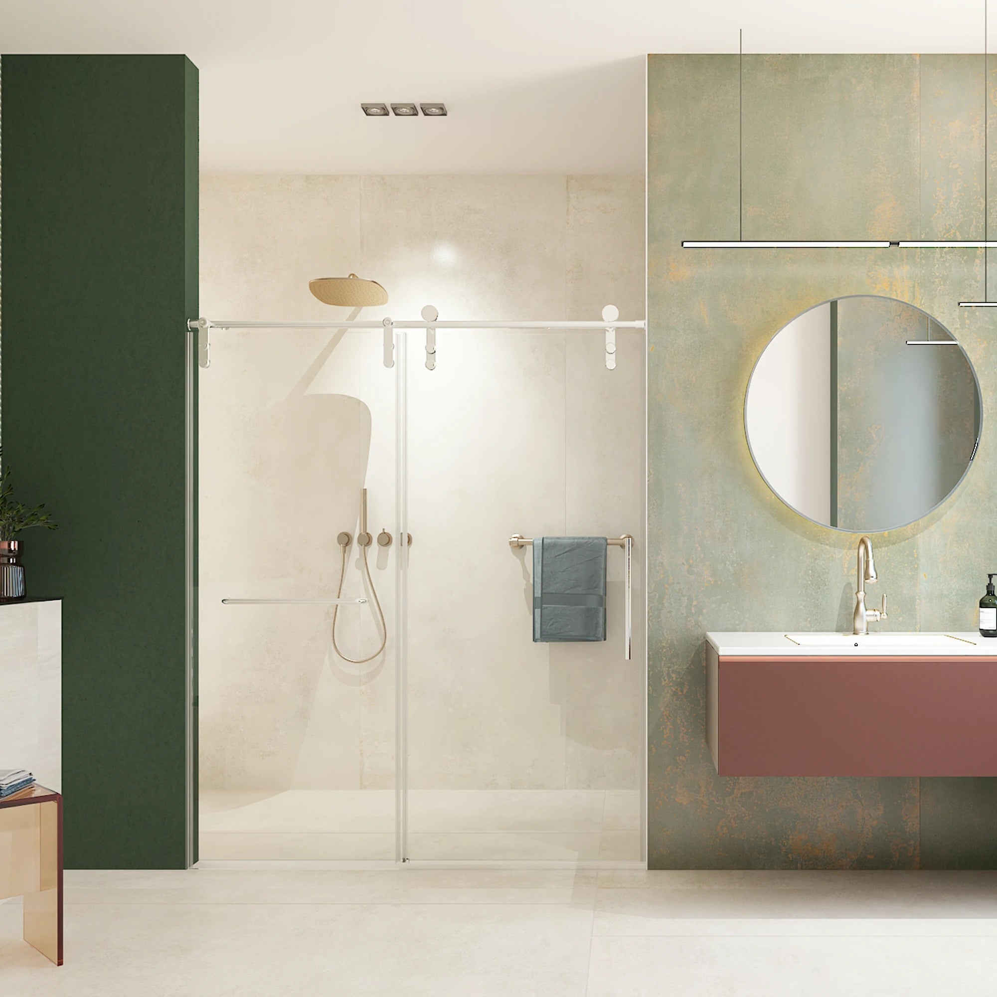 Porte de douche coulissante sans cadre (56 à 60 po l x 76 po H), verre trempé de qualité supérieure de 8 mm d'épaisseur, finition nickel brossé avec tampon