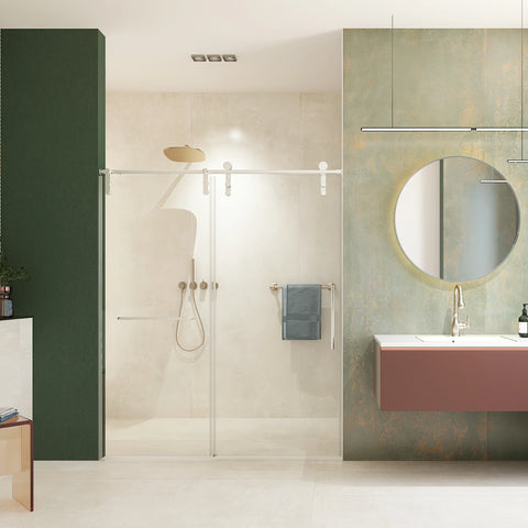 Porte de douche coulissante sans cadre (56 à 60 po l x 76 po H), verre trempé de qualité supérieure de 8 mm d'épaisseur, finition nickel brossé avec tampon