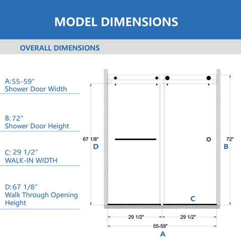 AISU 55-59" x 72" rahmenlose Duschtür, doppelte Schiebetür, 5/16" (8 mm) gehärtetes Glas, hochwertige Duschkabine aus gehärtetem Glas, beidseitig leicht zu reinigende Beschichtung