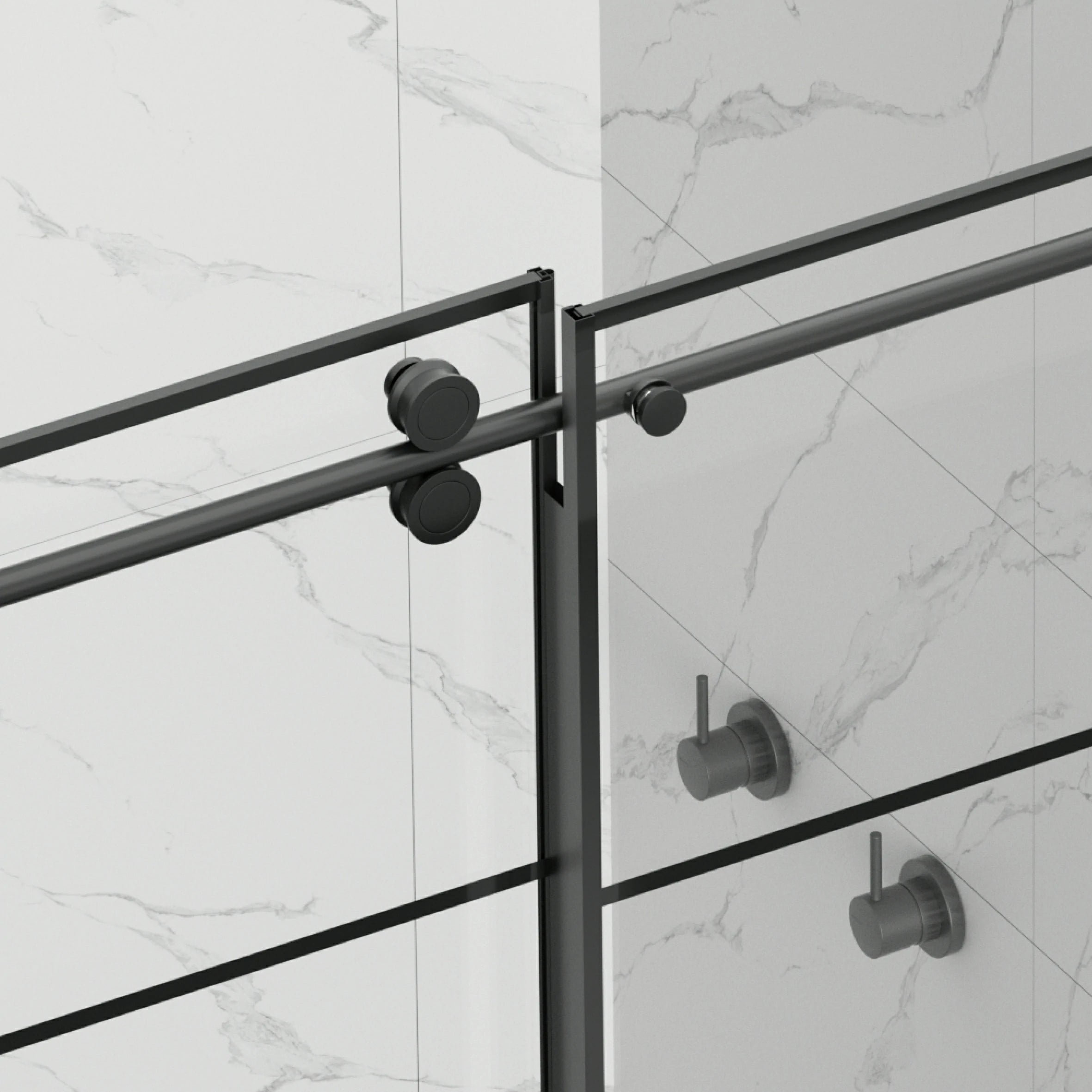 AISU 56-60" B x 72" H, mattschwarze rahmenlose Glasschiebetür mit Gitter, mit 5/16" (8 mm) klarem SGCC-Hartglas, leicht zu reinigen, mattschwarze Edelstahlgriffe