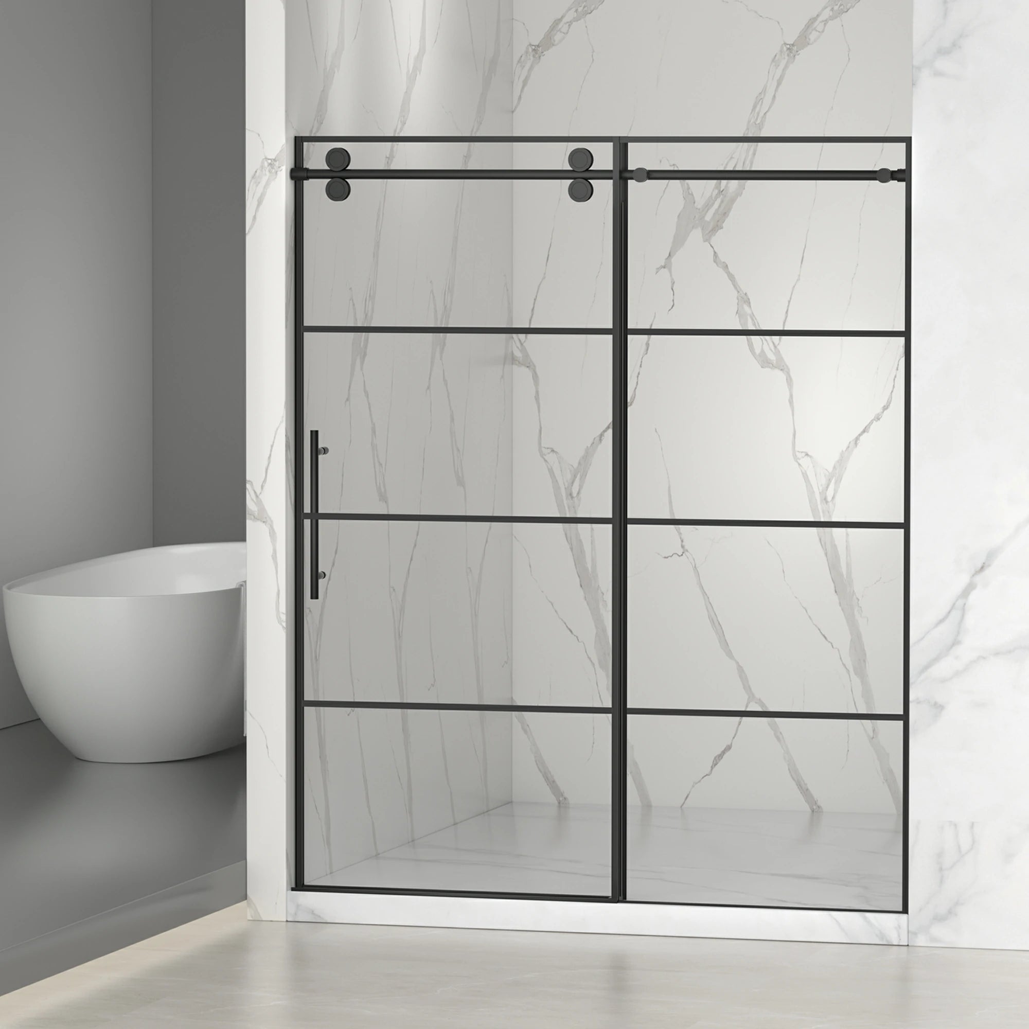 AISU 56-60" B x 72" H, mattschwarze rahmenlose Glasschiebetür mit Gitter, mit 5/16" (8 mm) klarem SGCC-Hartglas, leicht zu reinigen, mattschwarze Edelstahlgriffe