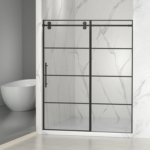 AISU 56-60" B x 72" H, mattschwarze rahmenlose Glasschiebetür mit Gitter, mit 5/16" (8 mm) klarem SGCC-Hartglas, leicht zu reinigen, mattschwarze Edelstahlgriffe