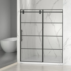 AISU 56-60" W x 72" H,Matte Black Grid Frameless Sliding Glass Shower Door, with 5/16" (8mm) Clear SGCC Tempered Glass,Easy to Clean,Matte Black Stainless Steel Handles